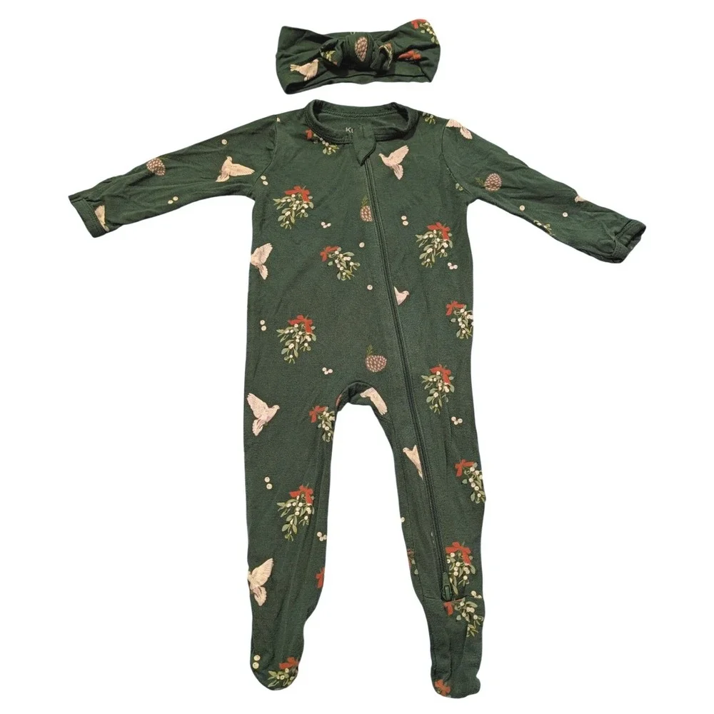 Kyte Baby 0-3M Zippered Footie Bamboo Holiday Christmas Winter Headband Set